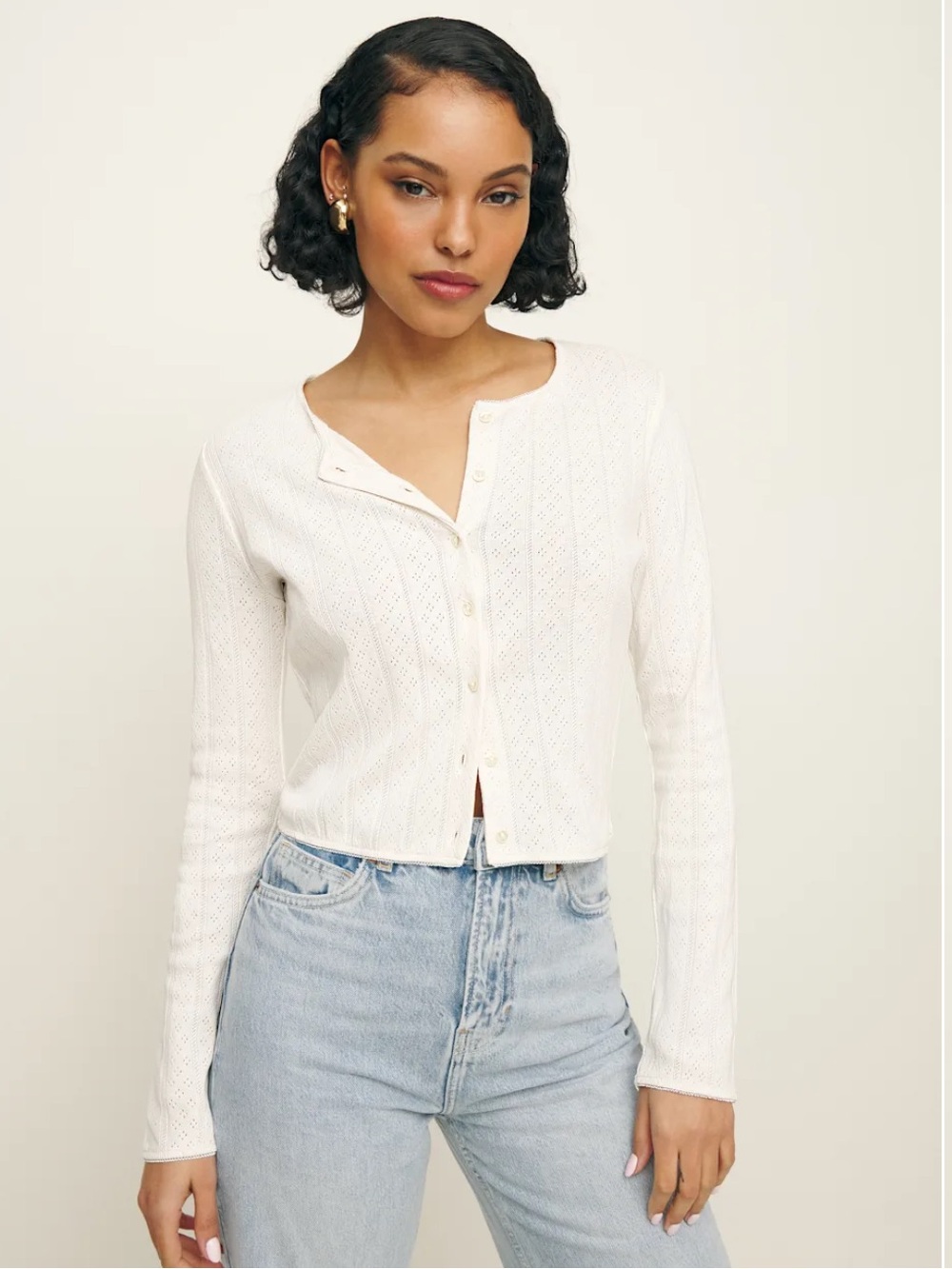 Reformation Pointelle Button-Front Cardigan — White